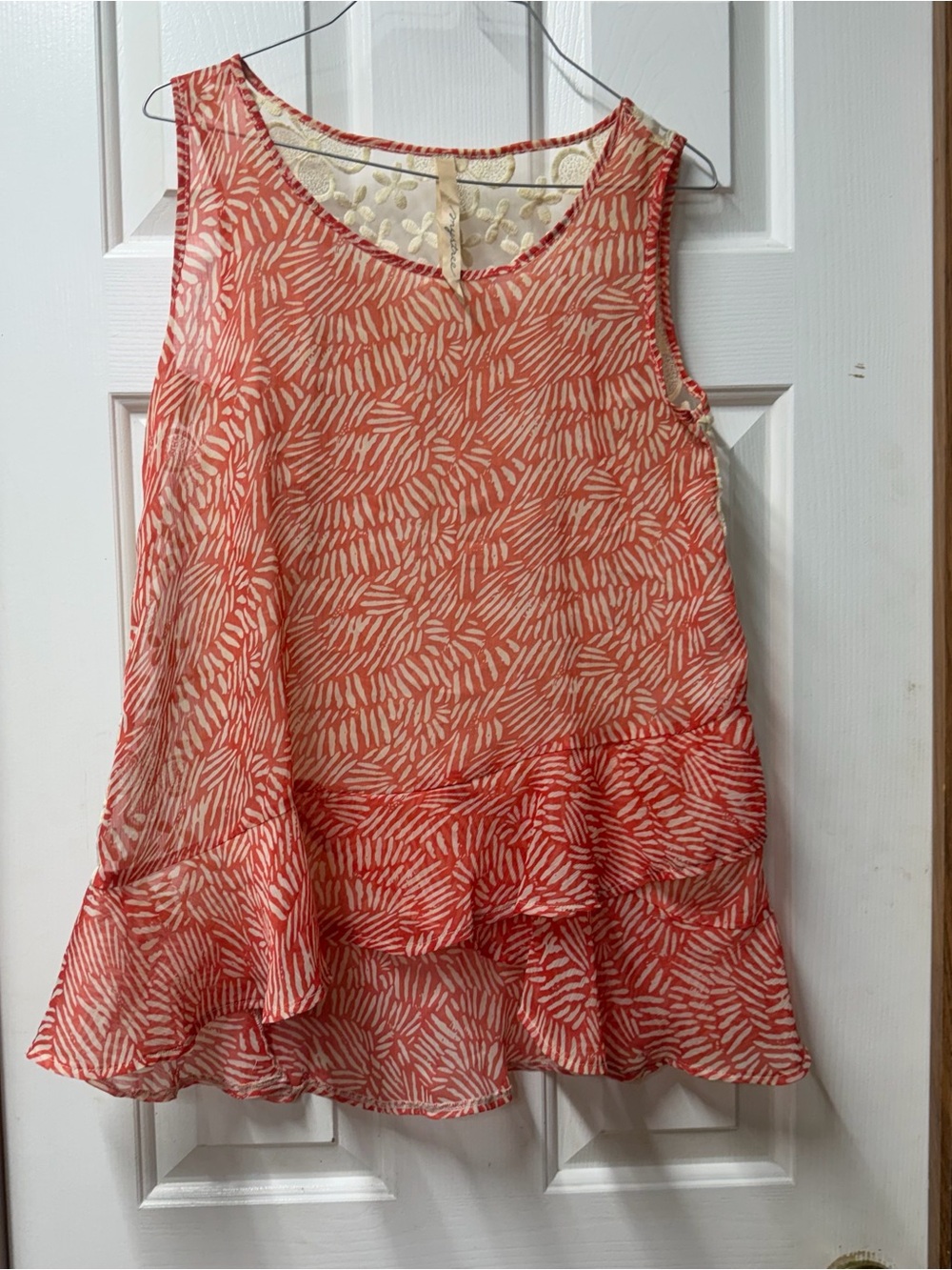 Coral Leaf Print Sleeveless Ruffle Tunic small